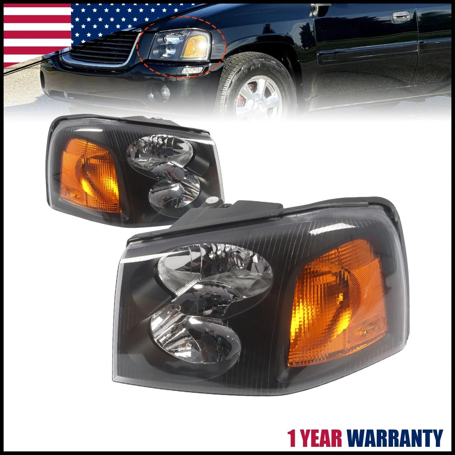 Set of 2 Black Headlights for GMC Envoy XL (2002–2009)