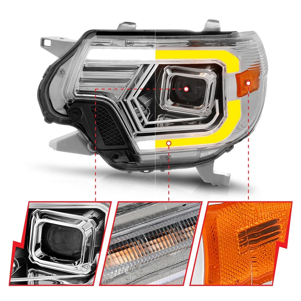 Projector Headlight Set Chrome Clear Lens w Switchback for 2012-2015 Tacoma