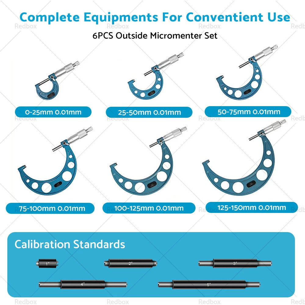 6pcs Outside Micrometer Set 0-150mm Carbide 0.01mm for Machinists