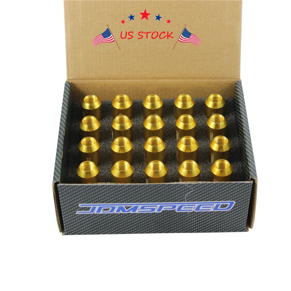 Set of 20 Gold 60mm M12x1.5 Extended Racing Lug Nuts for Universal Fit
