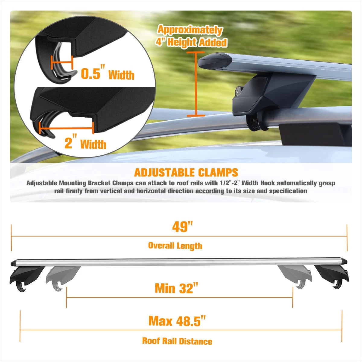 2X Aluminum Roof Rack Cross Bars for J2 (49", Adjustable, Cargo Carrier)