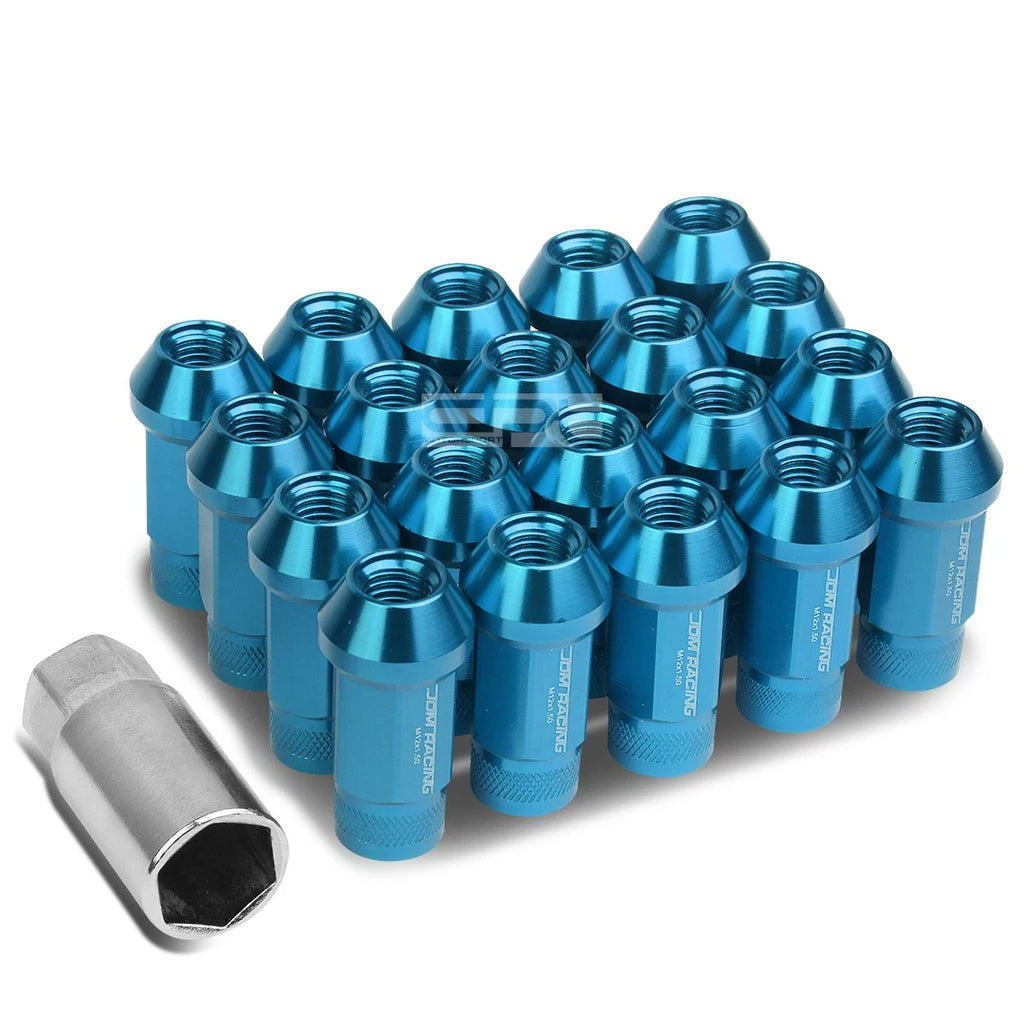 Set of 20 Open End M12x1.5 50mm Tall Sky Blue Aluminum Lug Nuts + Adapter