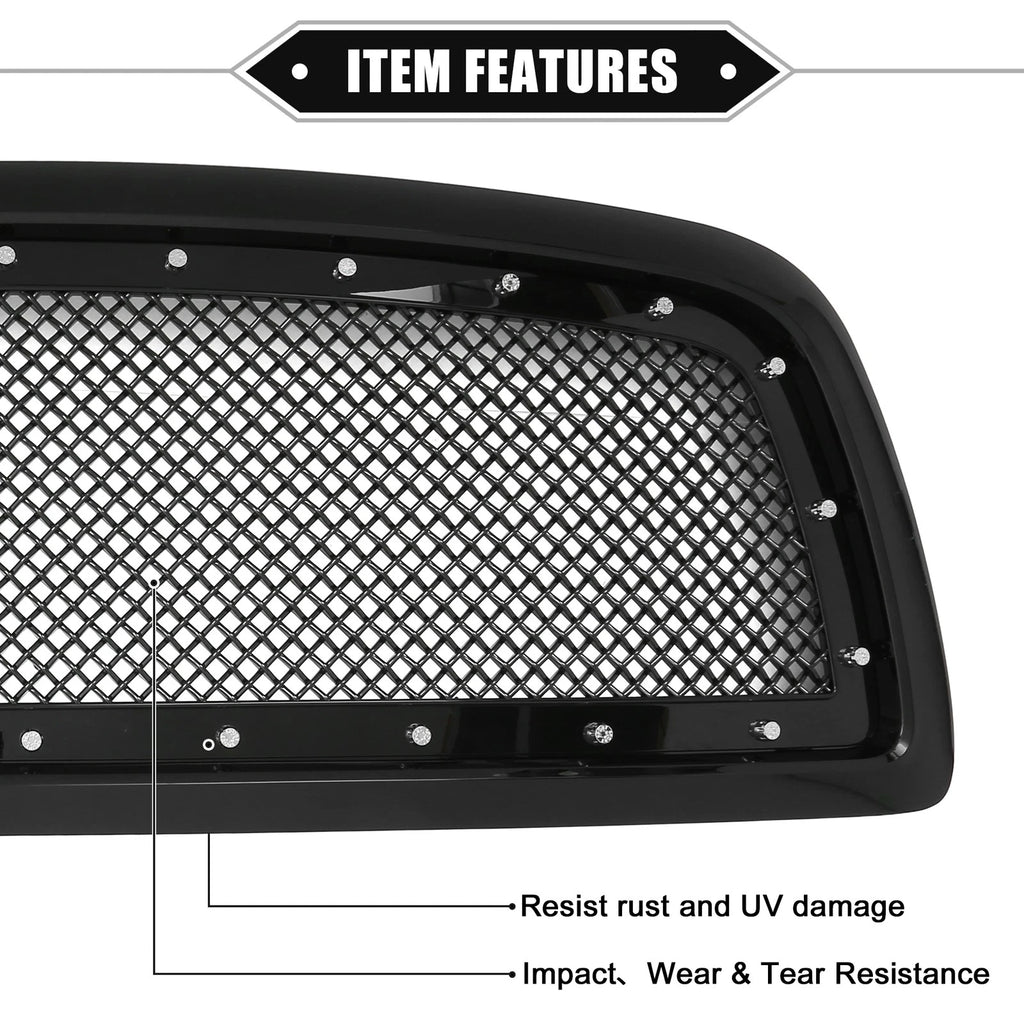 Front Grille Assembly with Rivet for Dodge Ram 1500 (2011–2012) Gloss Black