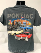 Licensed Pontiac T-Shirt Gray with Multiple Cars Service Station Scene (2000–2006)
