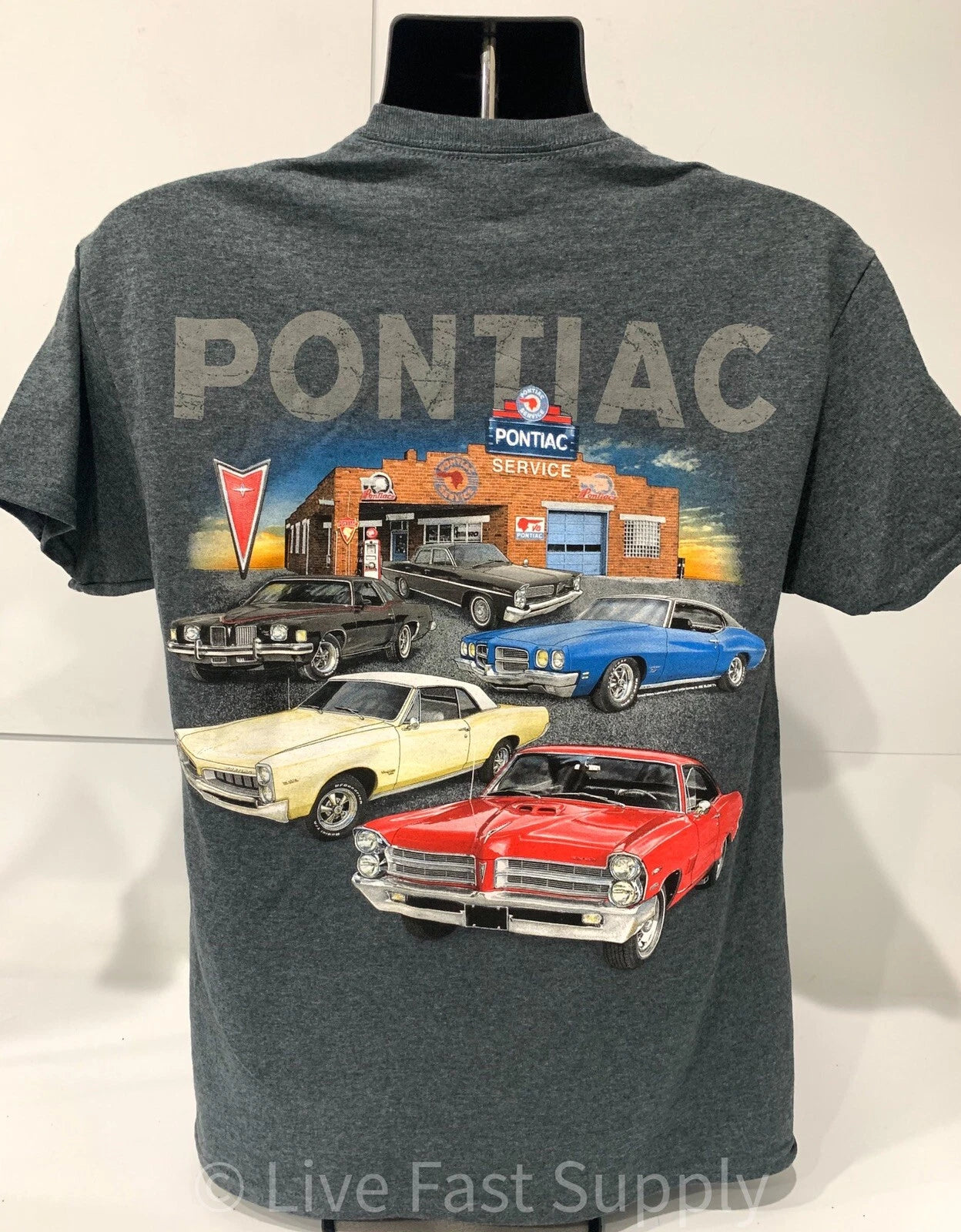 Licensed Pontiac T-Shirt Gray with Multiple Cars Service Station Scene (2000–2006)