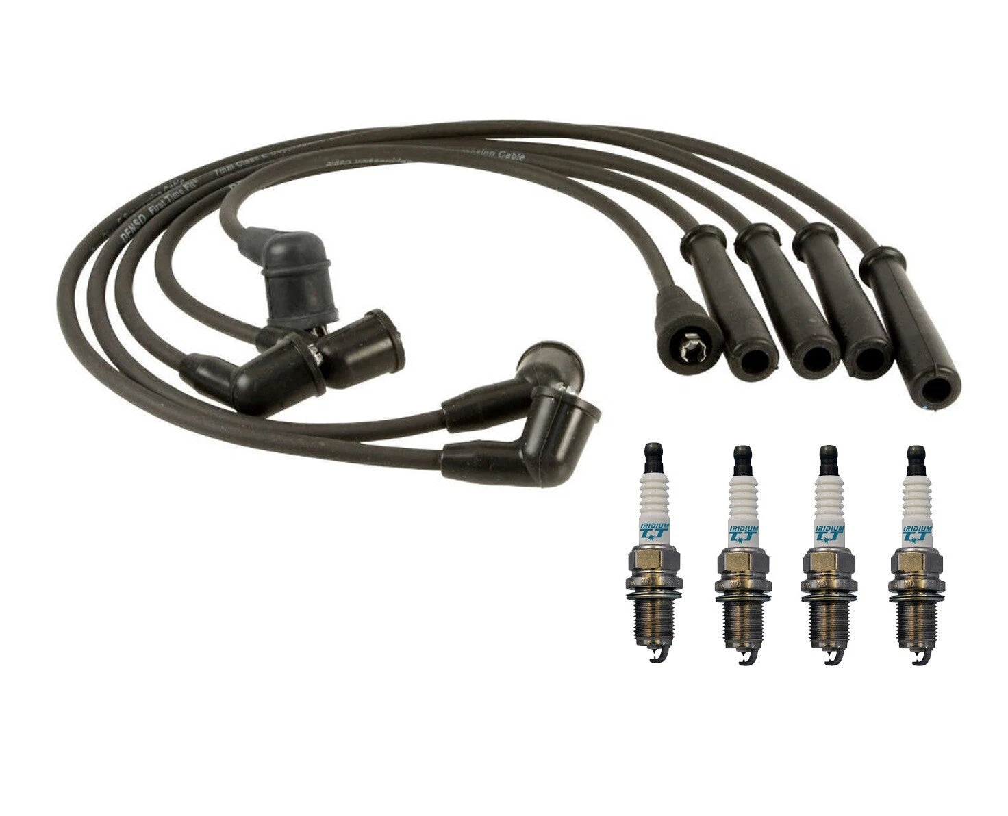 Denso 7mm Wire Set & 4 Iridium TT Spark Plugs for Ford Mazda 2.2L 1.6L L4 (–)