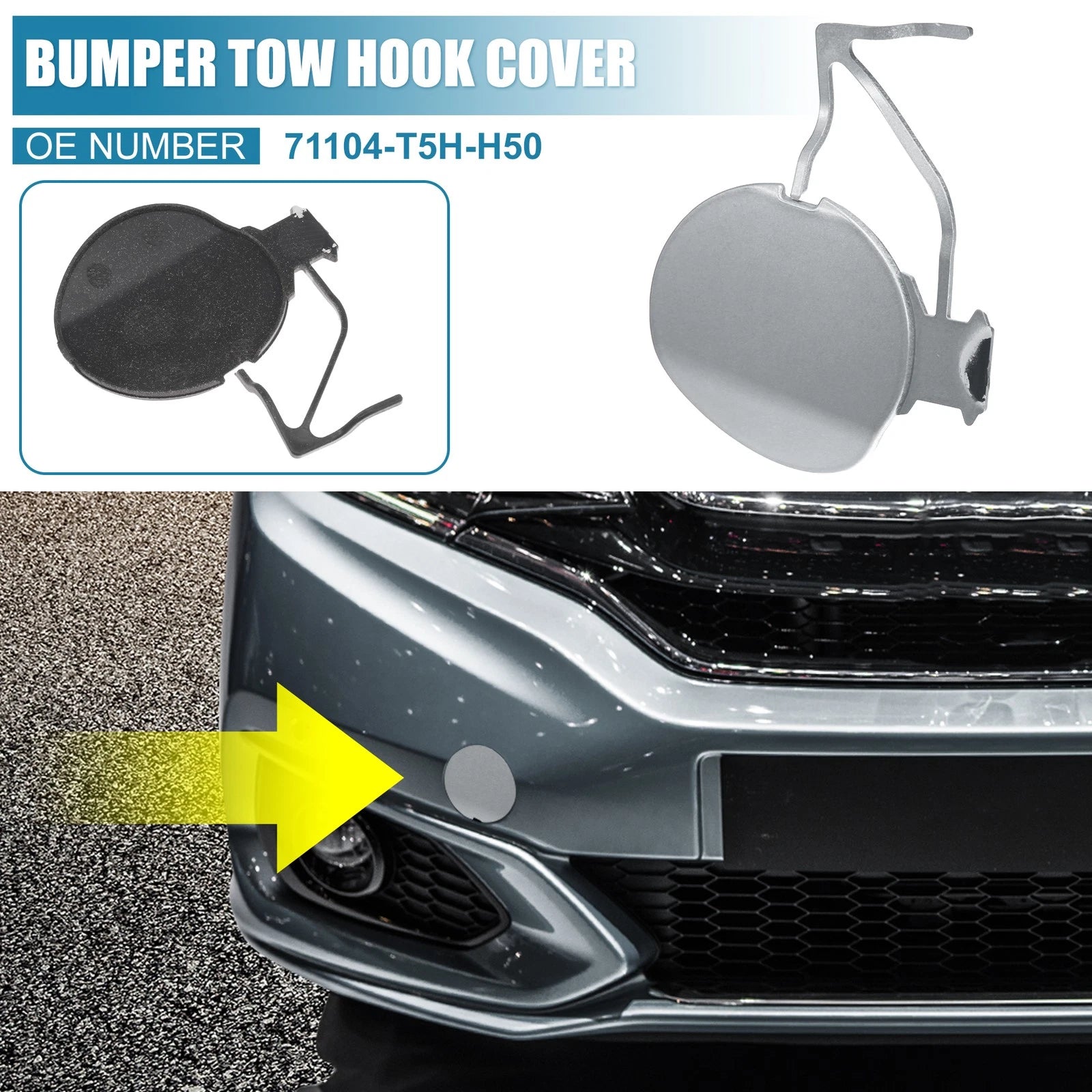 Front Bumper Tow Hook Cover 71104-T5H-H50 for Honda Fit (2018–2019) Silver Tone