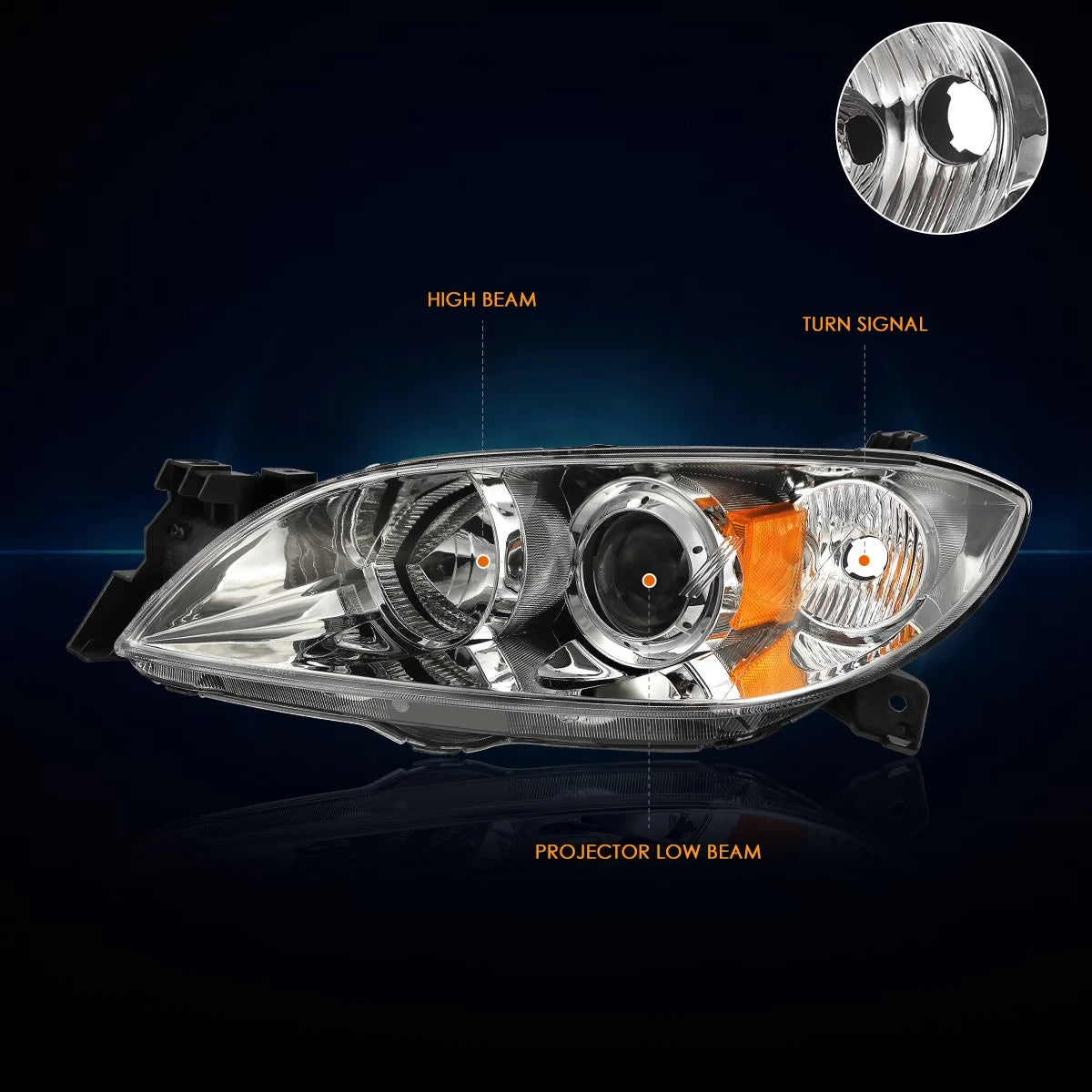 Projector Headlight Set for Mazda 3 (2004–2009) - Chrome Housing, Amber Lamp
