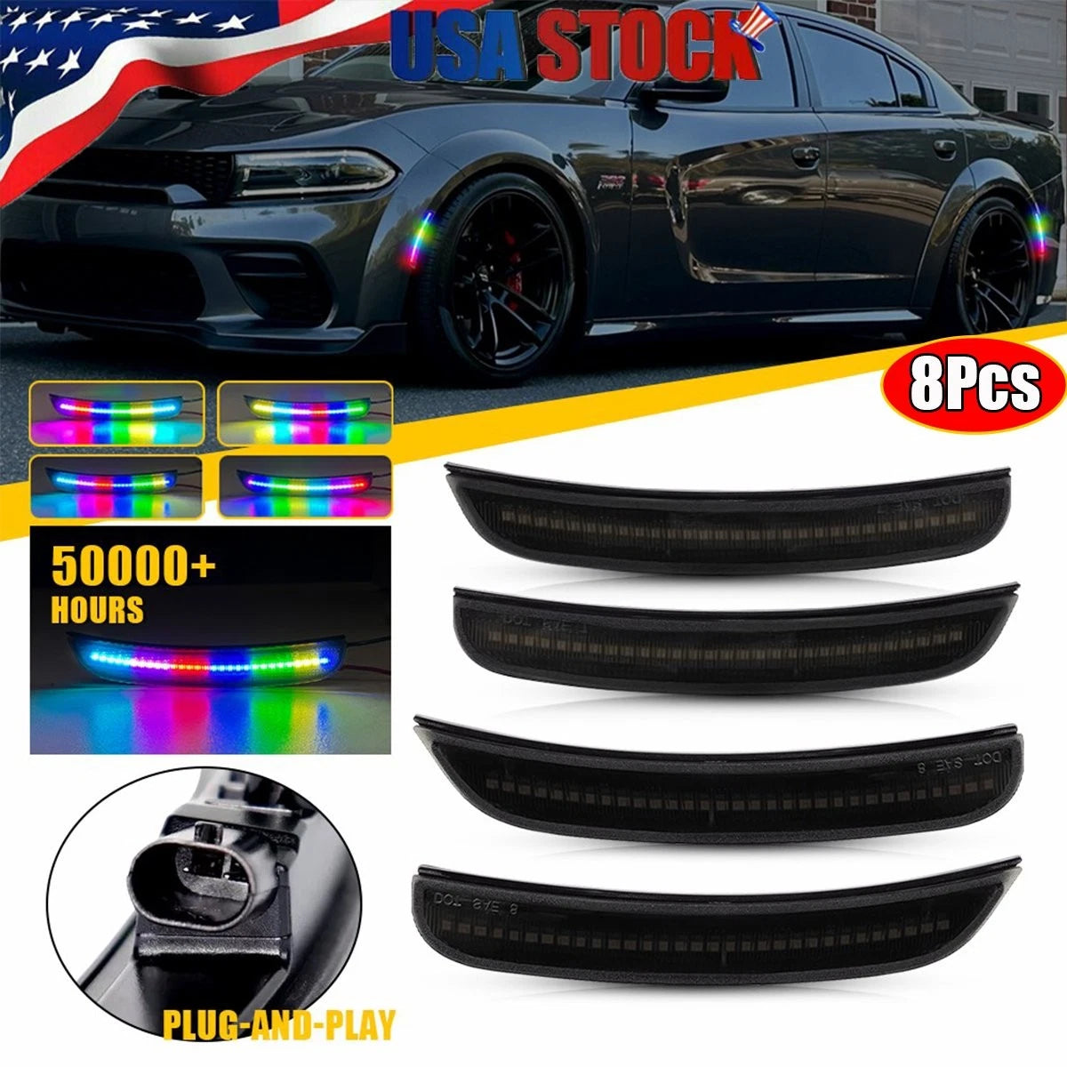8x Dynamic RGB Smoke LED Side Marker Lights for Dodge Charger (2015–2023)