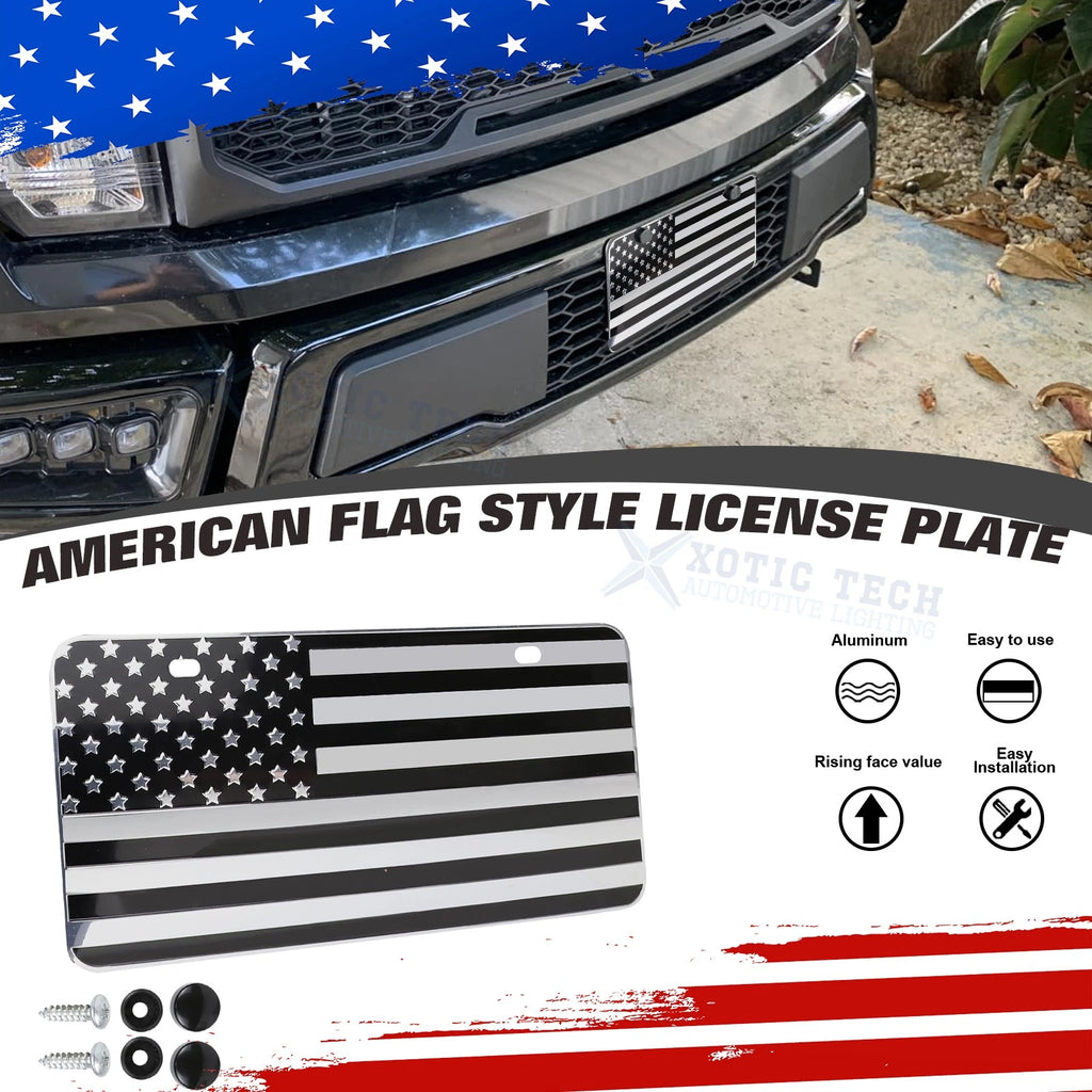 American Front Flag License Plate Vanity Embossed Silver for Universal Fit (-)