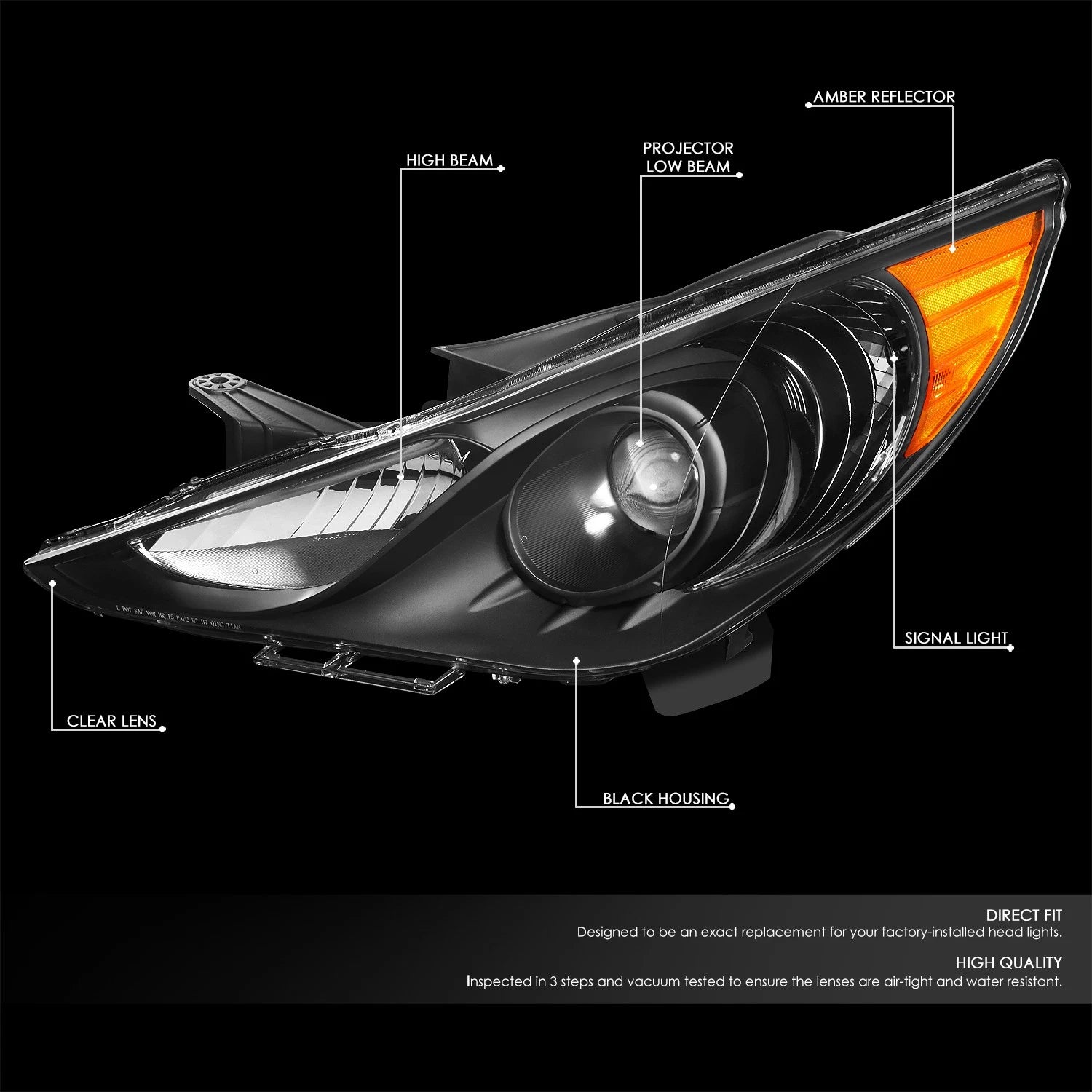 Projector Headlight Pair for Hyundai Sonata (2011–2014) Black Housing Amber