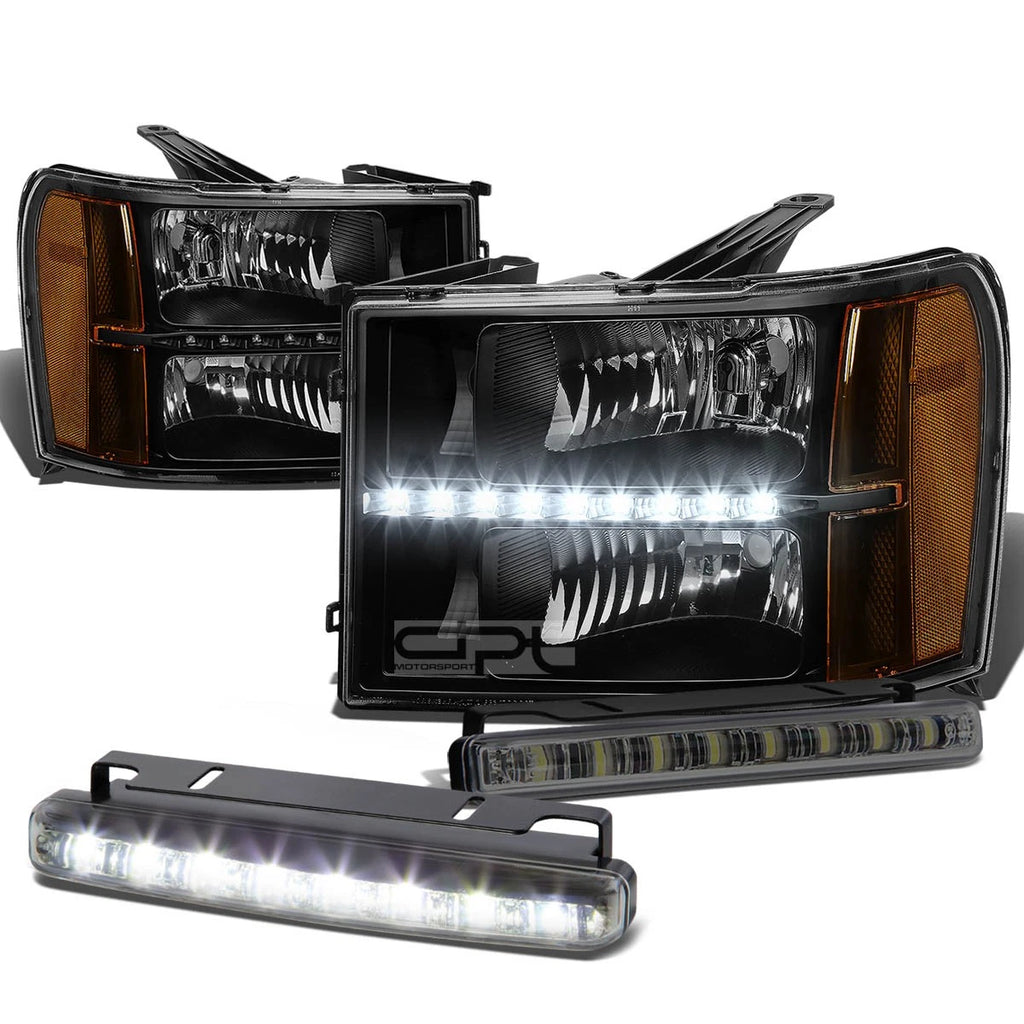 Set of 2 Black Clear Headlight with LED & Amber Corner for Sierra (2007–2014)