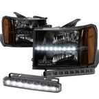 Set of 2 Black Clear Headlight with LED & Amber Corner for Sierra (2007–2014)