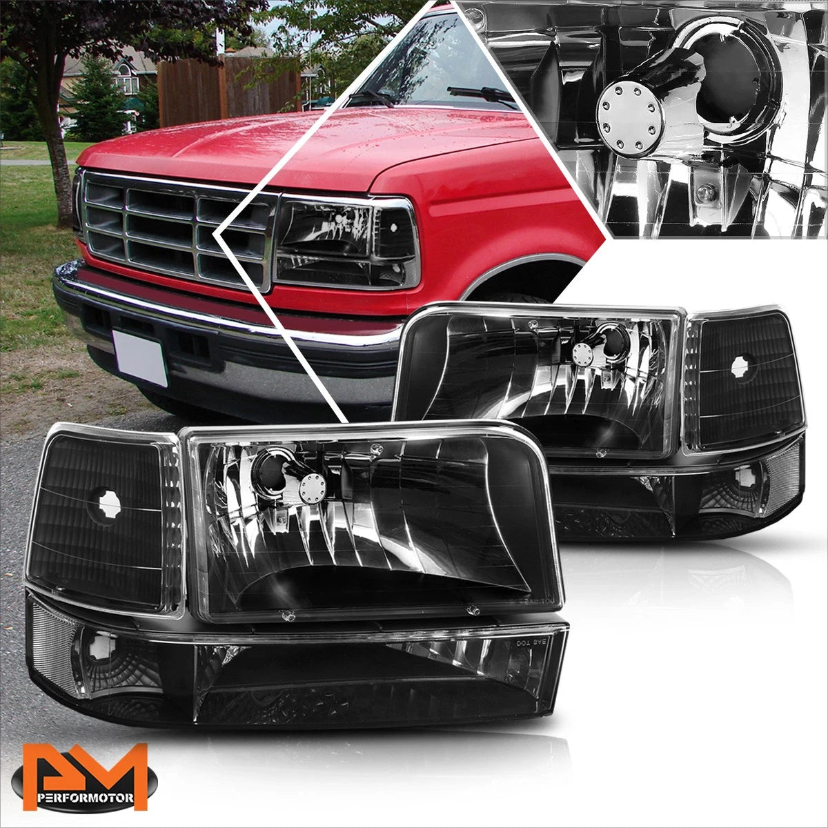 Black Housing Headlight Clear Corner Signal Lamps for Ford F150/F250/F350 (1992–1996)