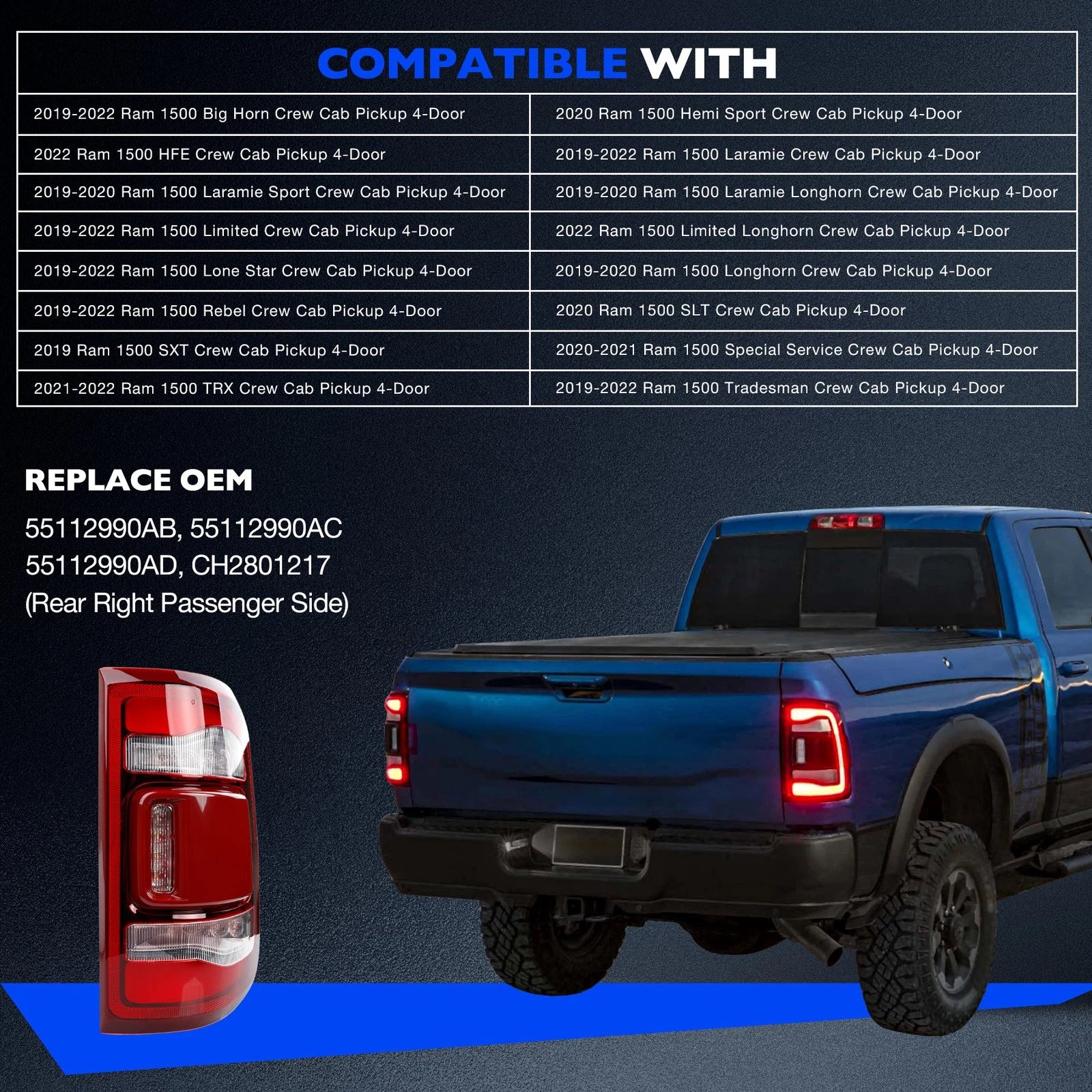 LED Brake Tail Light Lamp Rear Right for Dodge Ram 1500 (2019–2024)