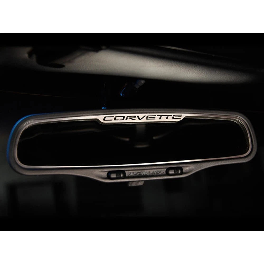 Brushed Rear View Mirror Trim w/'Corvette' for 97-04 Corvette w/Auto-Dim Mirrors