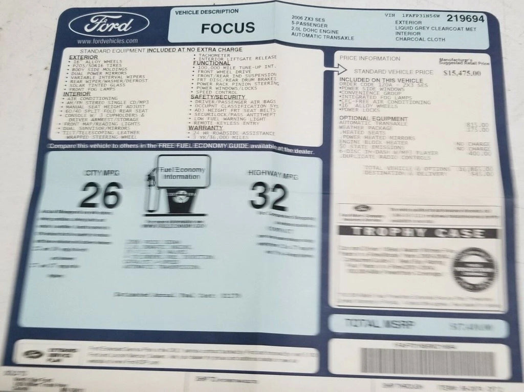Original Dealer Window Sticker for Ford Focus ZX3 (2006)