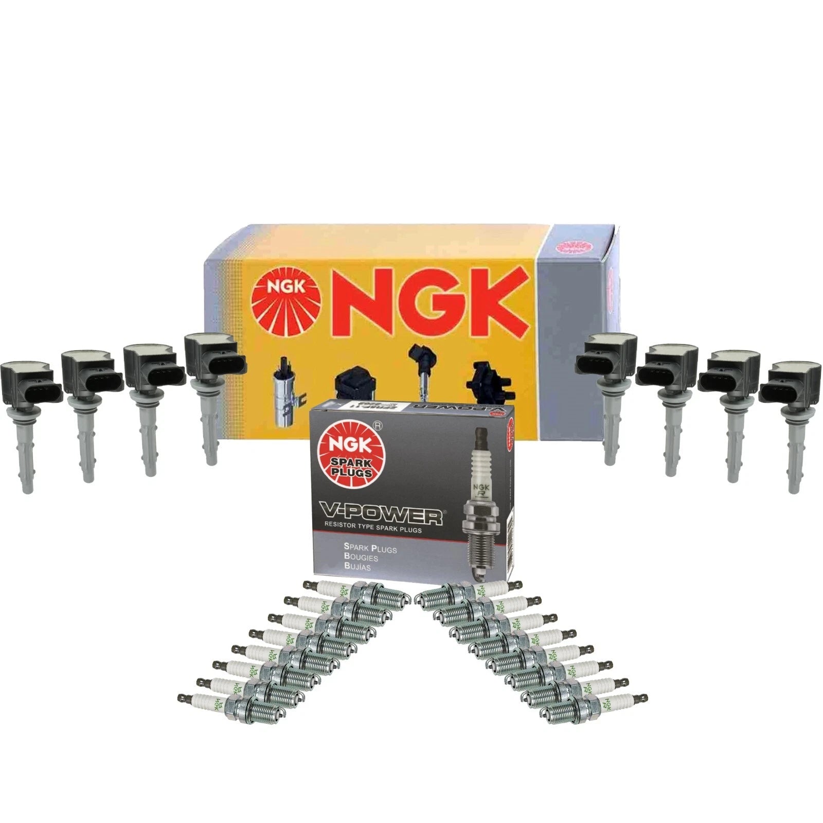 Set of 8 NGK COP Ignition Coils & 16 V-Power Spark Plugs for Mercedes C219 CLS500 (2006–2010)