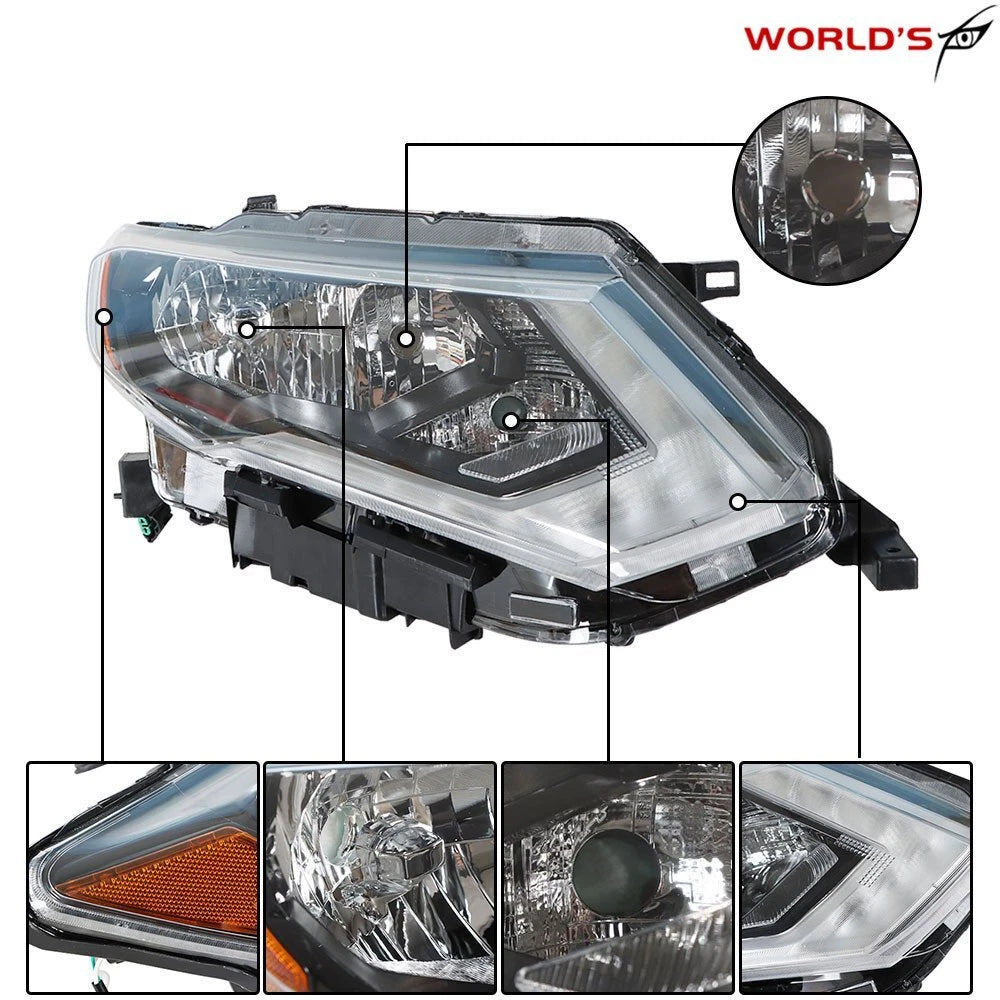 Set of 2 Projector Headlights for Nissan Rogue (2017–2019) Chrome Halogen
