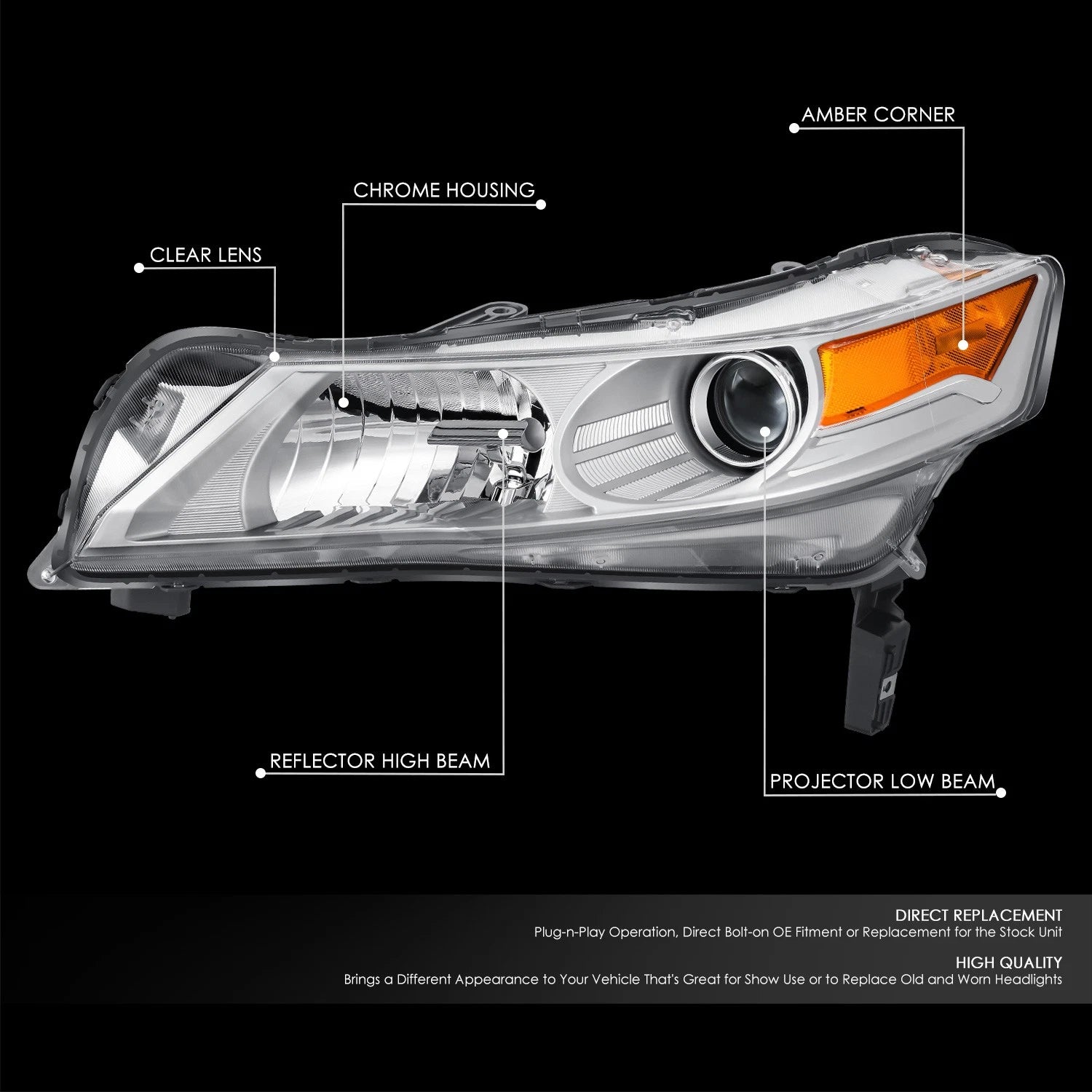 Driver Left Side Chrome Housing Projector Headlight for Acura TL (2009–2011)
