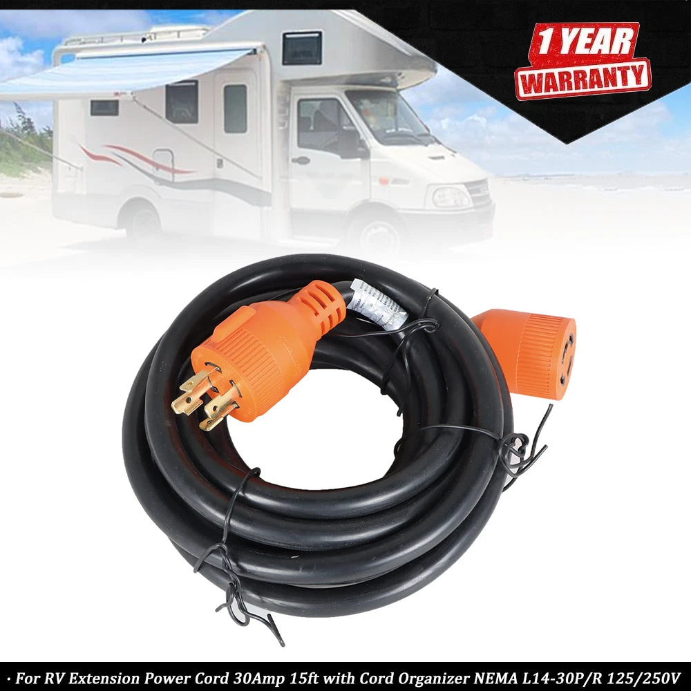 30Amp RV Extension Power Cord 15ft with Organizer for RVs