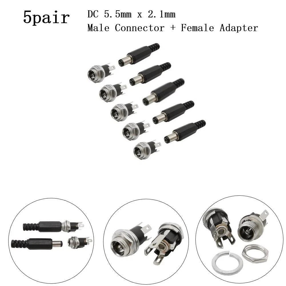 5 Pairs DC5.5 x 2.1mm Male Connector + Metal Female Terminal Adapter
