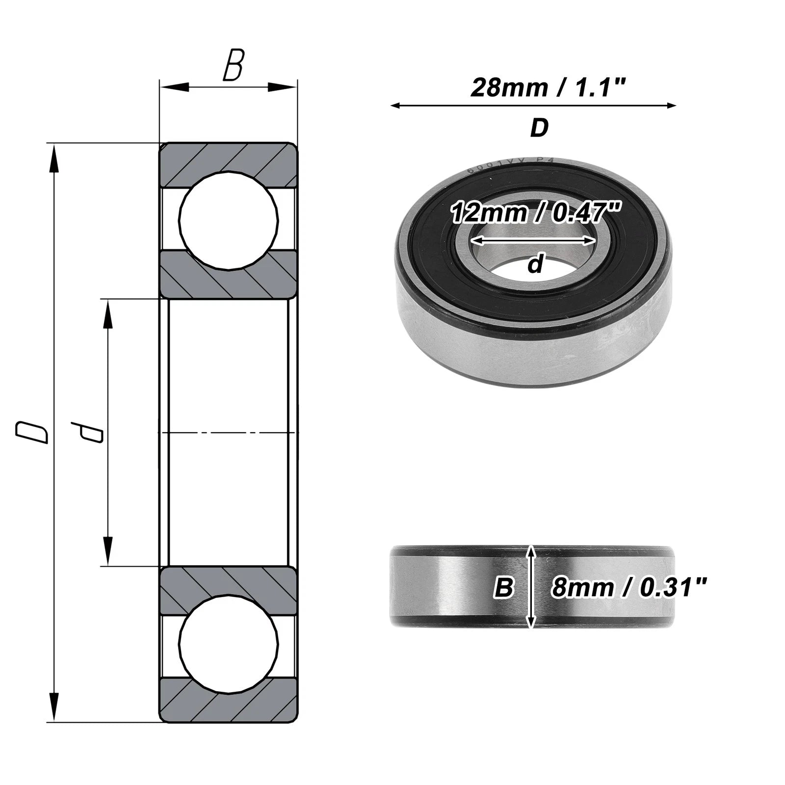 Deep Groove Ball Bearing 12x28x8mm for Various Models (6001VV)