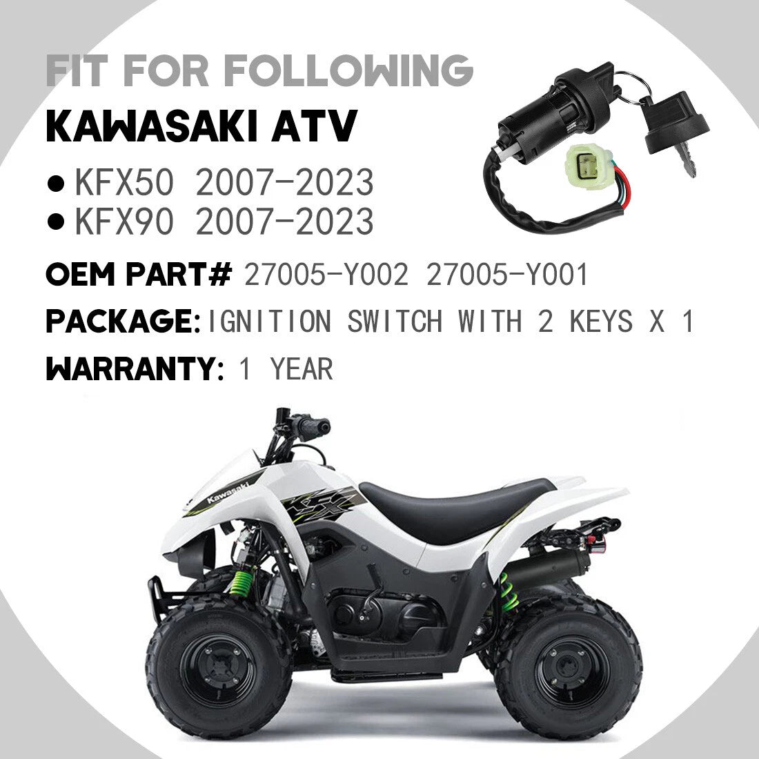 2-Position Ignition Key Switch for Kawasaki KFX50 KFX90 (2007–2023) 27005-Y002
