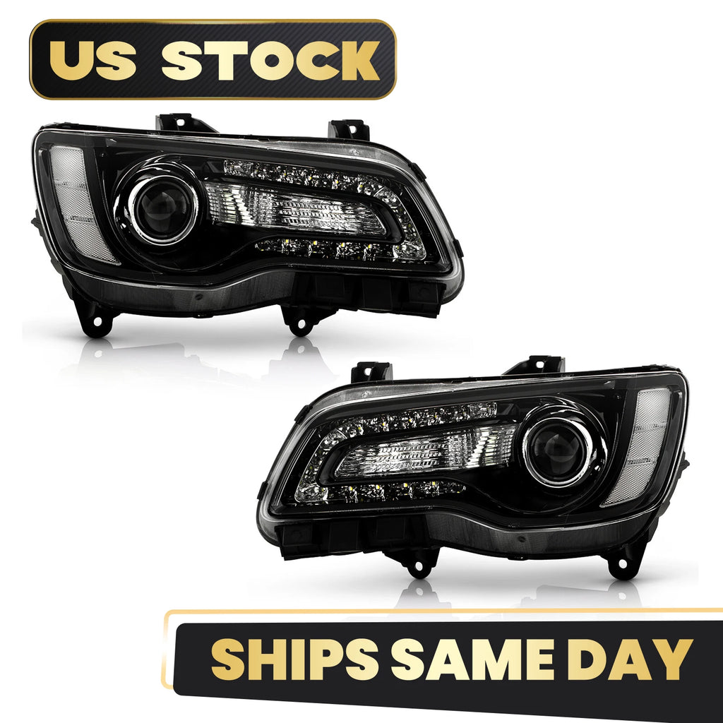Halogen Headlight w/ LED DRL Projector Black Pair for Chrysler 300 (2015–2023)