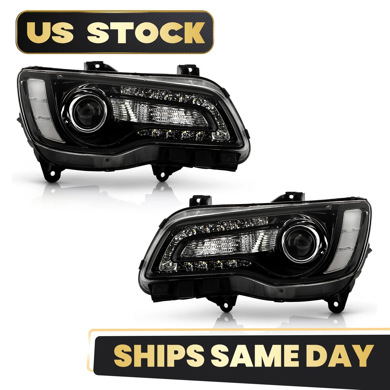 Halogen Headlight w/ LED DRL Projector Black Pair for Chrysler 300 (2015–2023)
