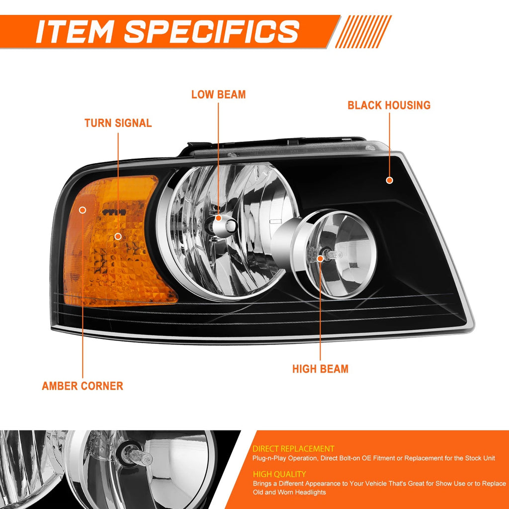 Right Side Black Amber Headlight for Ford Expedition (2003–2006)