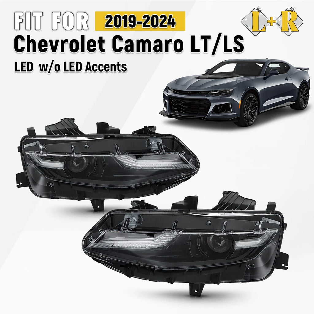 Set of 2 LED Headlights for Chevy Camaro LS/LT (2019–2024) Black w/ Bulbs