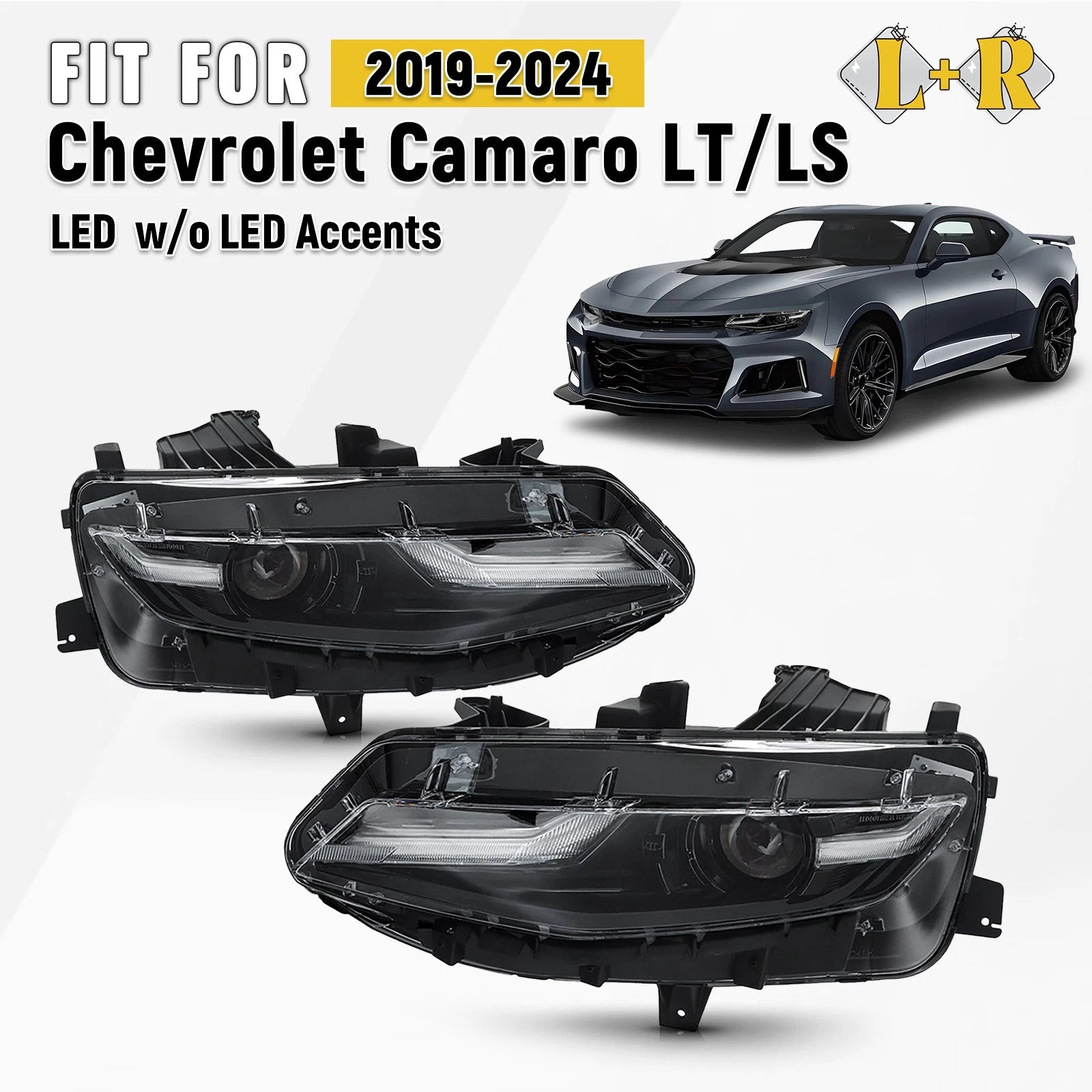 Set of 2 LED Headlights for Chevy Camaro LS/LT (2019–2024) Black w/ Bulbs