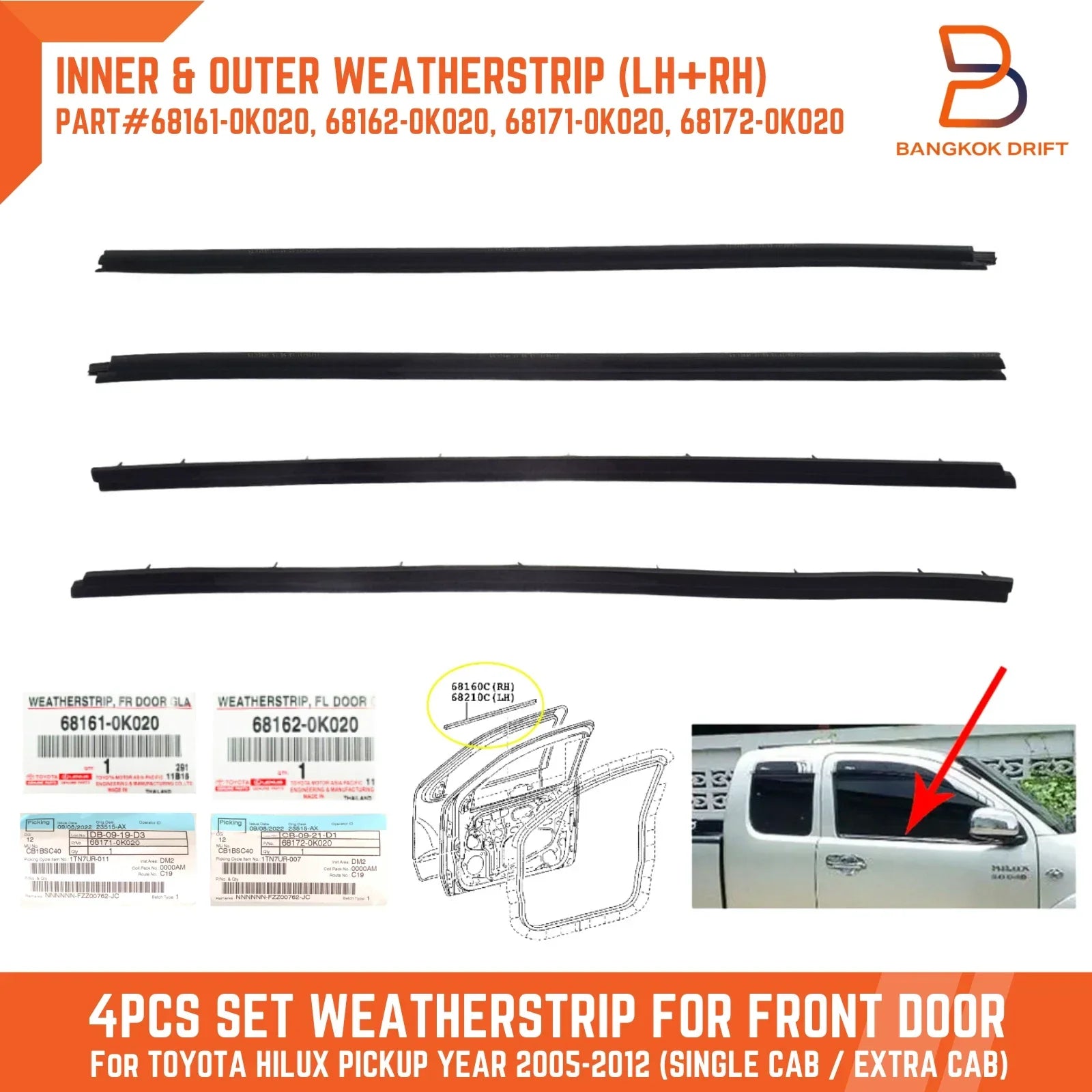 Front Door Weatherstrip Rubber Seal for Toyota Hilux Vigo MK6 (2005-2012)