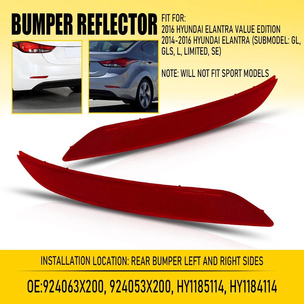 2X Red Rear Bumper Reflector Cover for Hyundai Elantra (2014–2016)