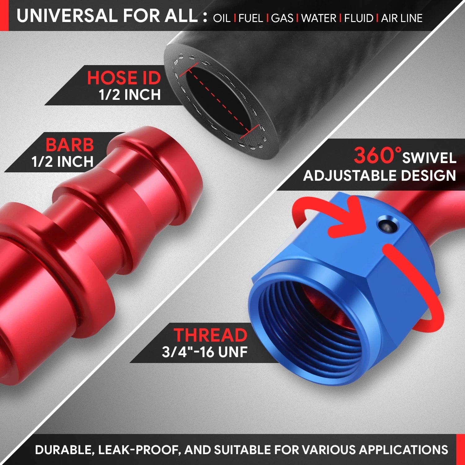 AN8 90 Degree Swivel Oil/Fuel Line Hose End Push-On Male Fitting