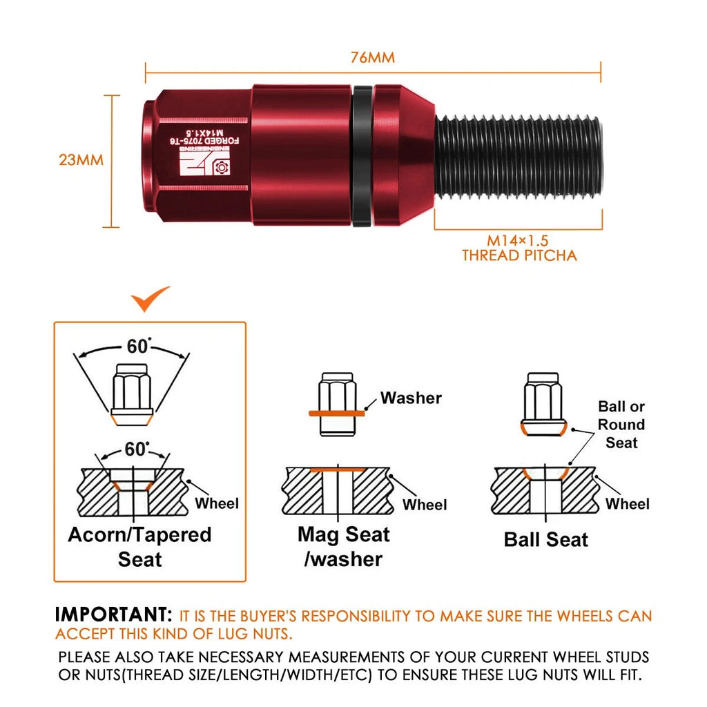 20 PCS M14 x 1.5 Closed End Conical Seat Wheel Lug Bolts for J2