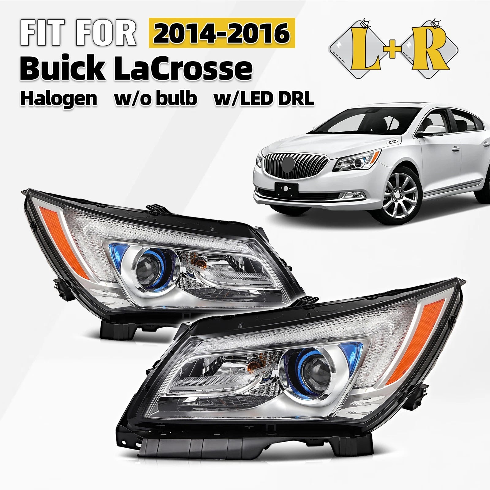 Halogen Headlight Pair for Buick LaCrosse (2014–2016) w/o Bulbs, LED DRL