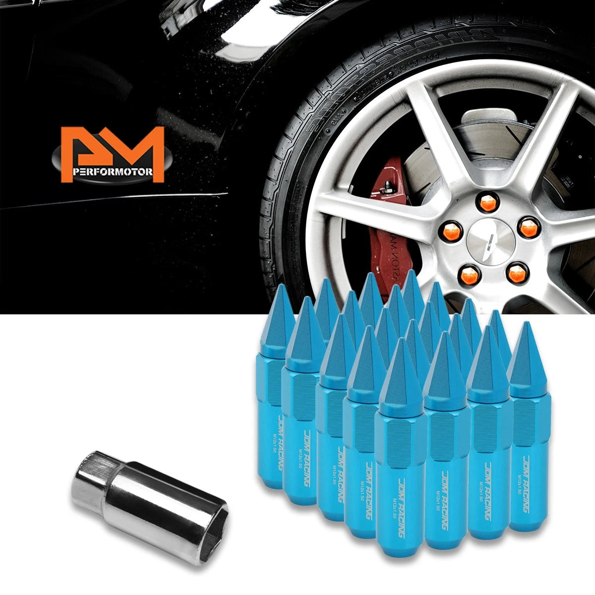 Set of 20 M12X1.5 Sky Blue JDM Hex Spiked Wheel Lug Nuts + 20mm Extension
