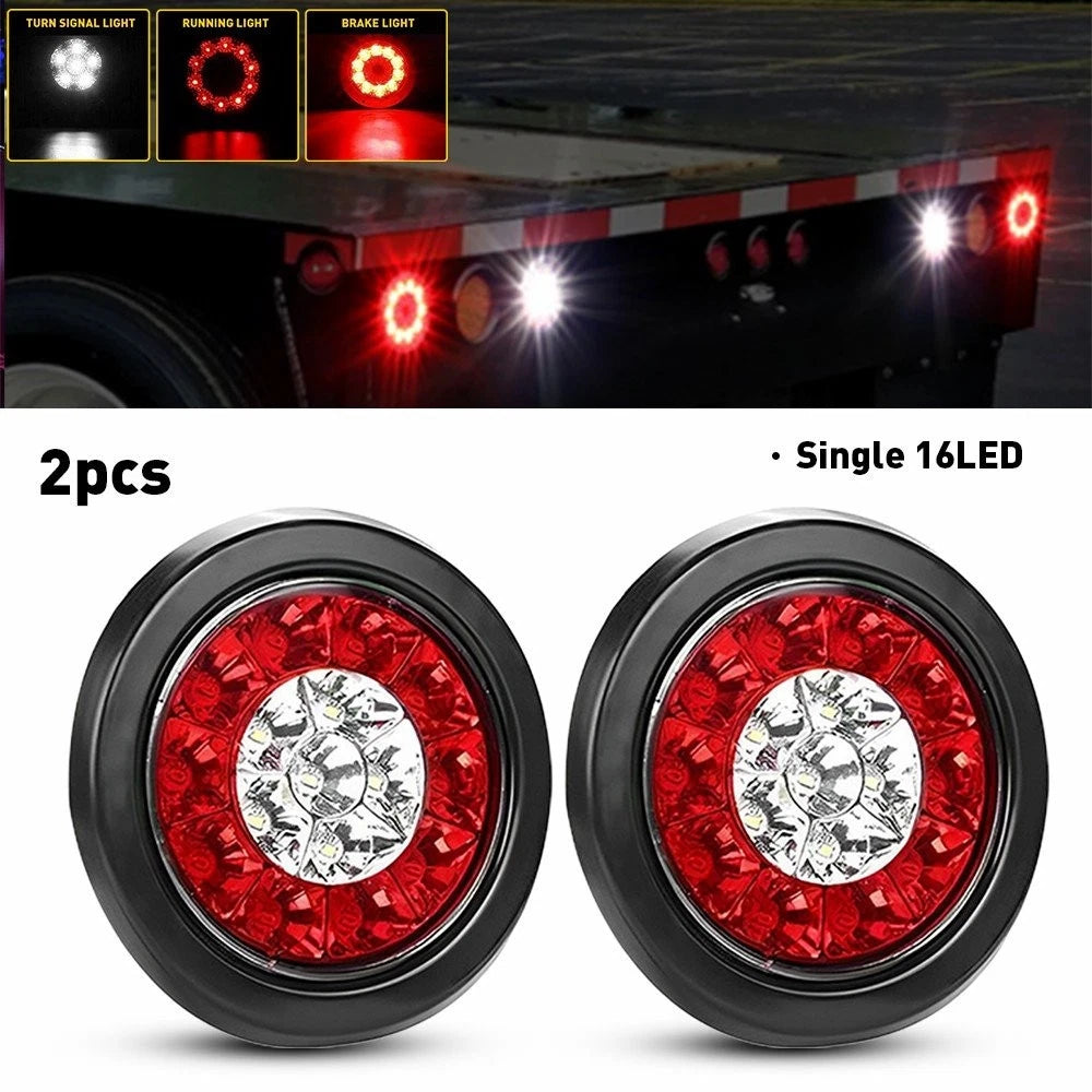 2X 4" Round Red/White 16-LED Brake Stop Turn Signal Tail Lights for Truck Trailer