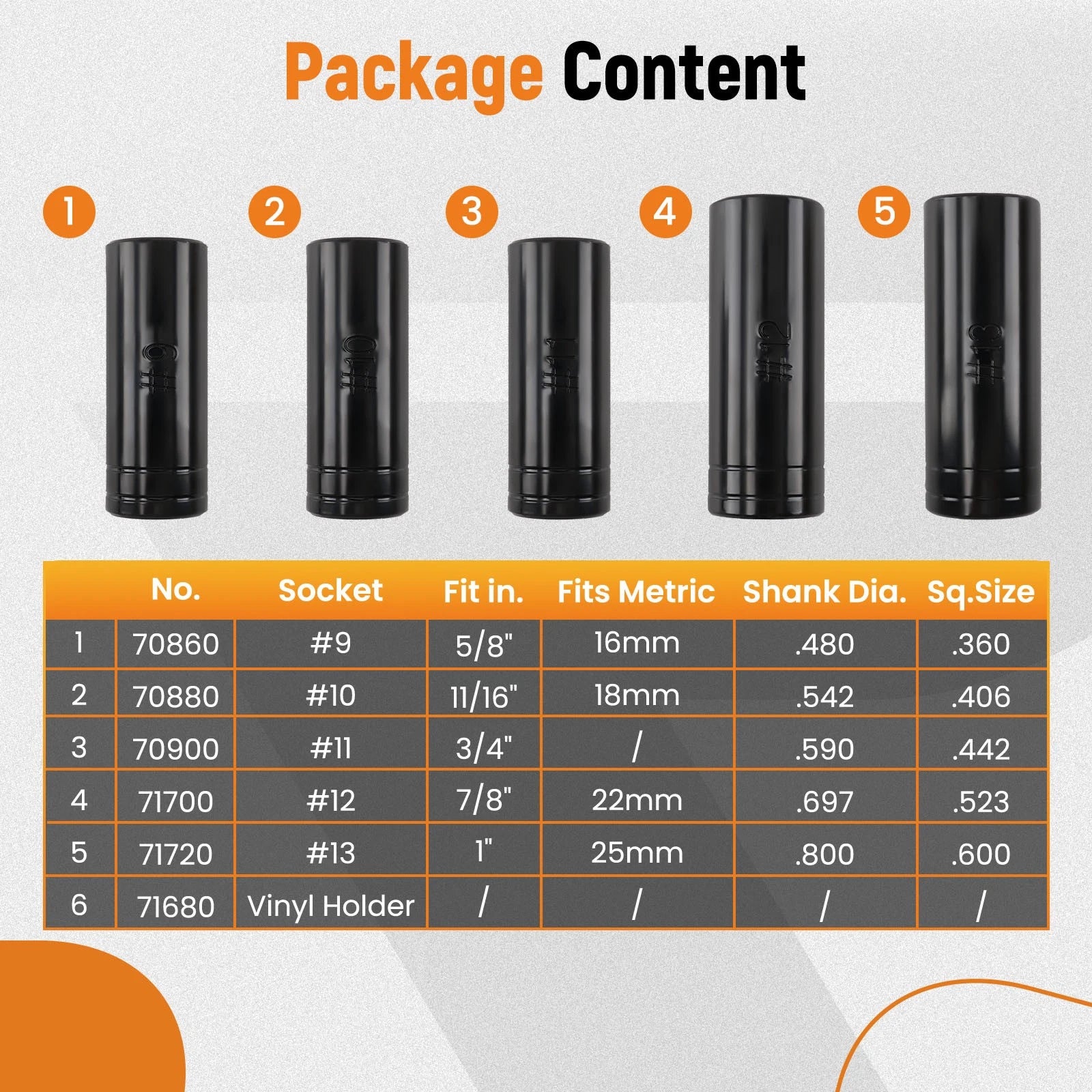 Set of 5 Large Tap Sockets for 5/8, 11/16, 3/4, 7/8, 1 Inch Taps
