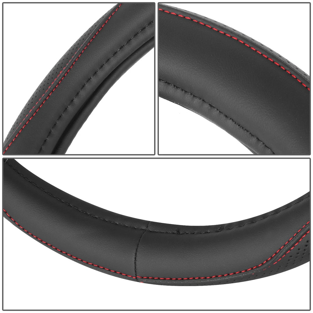 Red Perforated Leather Steering Wheel Cover for Universal 14.5"-15"