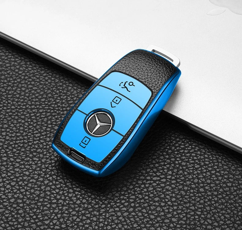 TPU Leather 360 Protection 3-Button Blue Remote Key Cover for Mercedes E S (2019–2025)