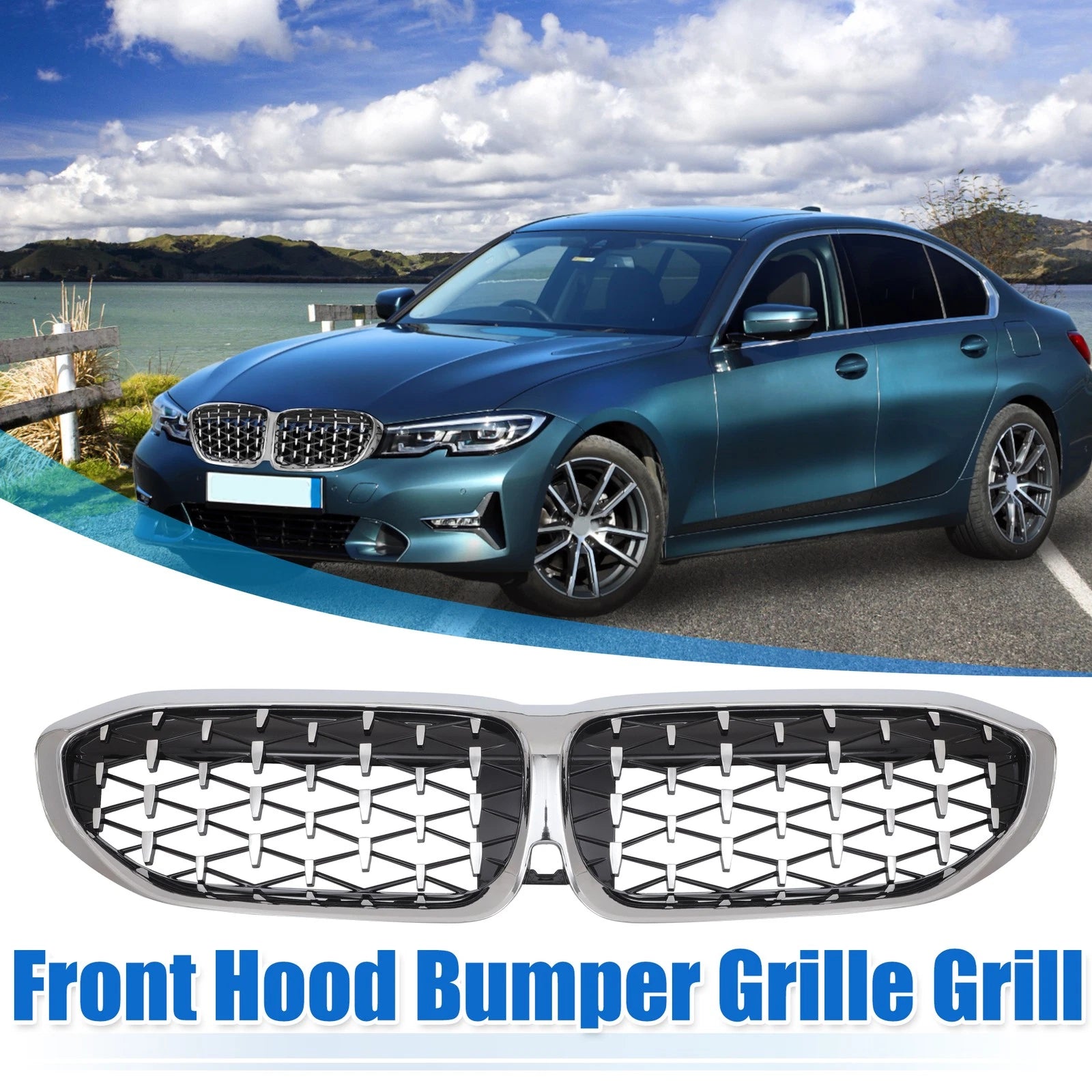 Front Hood Bumper Grille for BMW 330i 330e M340i (2017–2023) Diamond Star Silver Tone