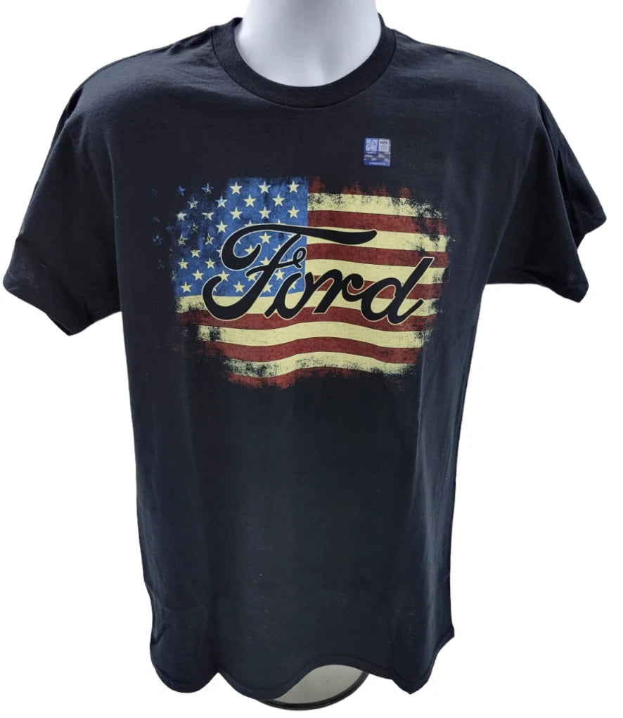 Black Ford Script T-Shirt with Emblem for Men USA American Flag Background