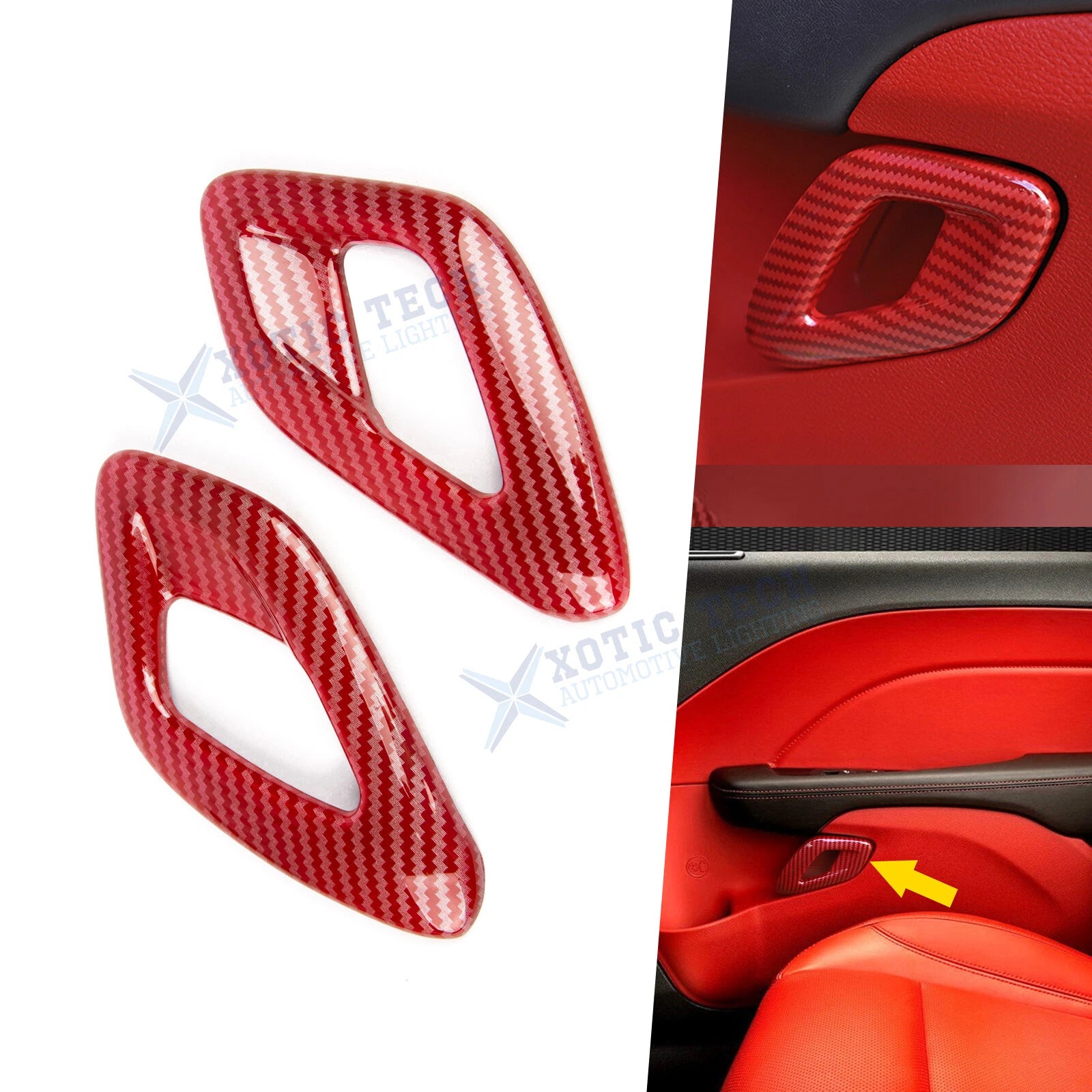 2PCS Red Carbon Fiber Interior Door Handle Cover for Dodge Challenger (2015–Up)
