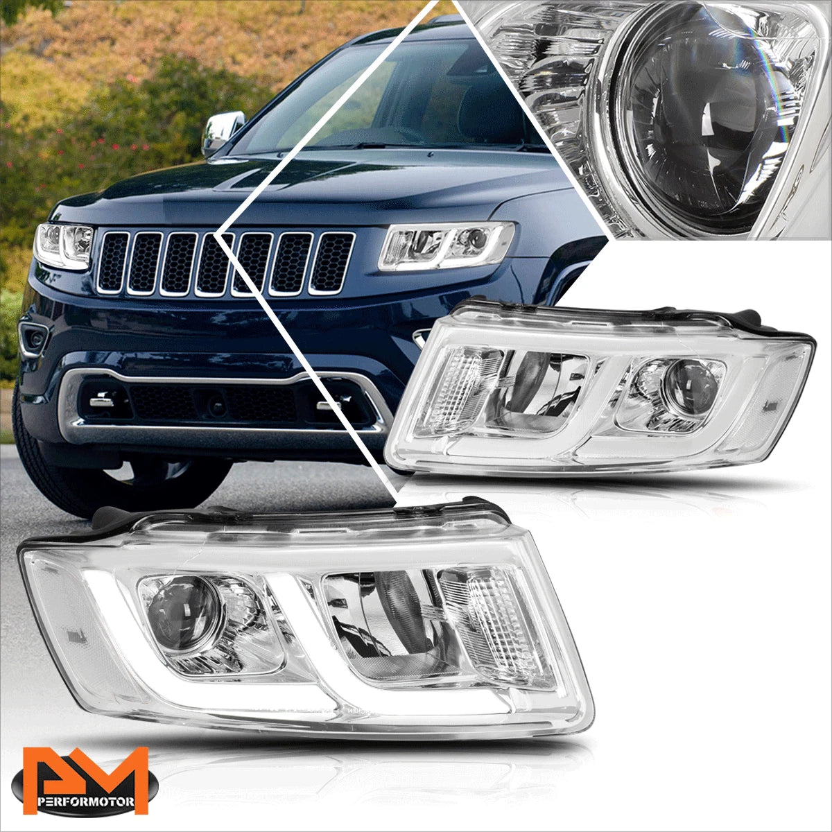 LED DRL Bar Projector Headlight for Jeep Grand Cherokee (2014–2016) Chrome/Clear