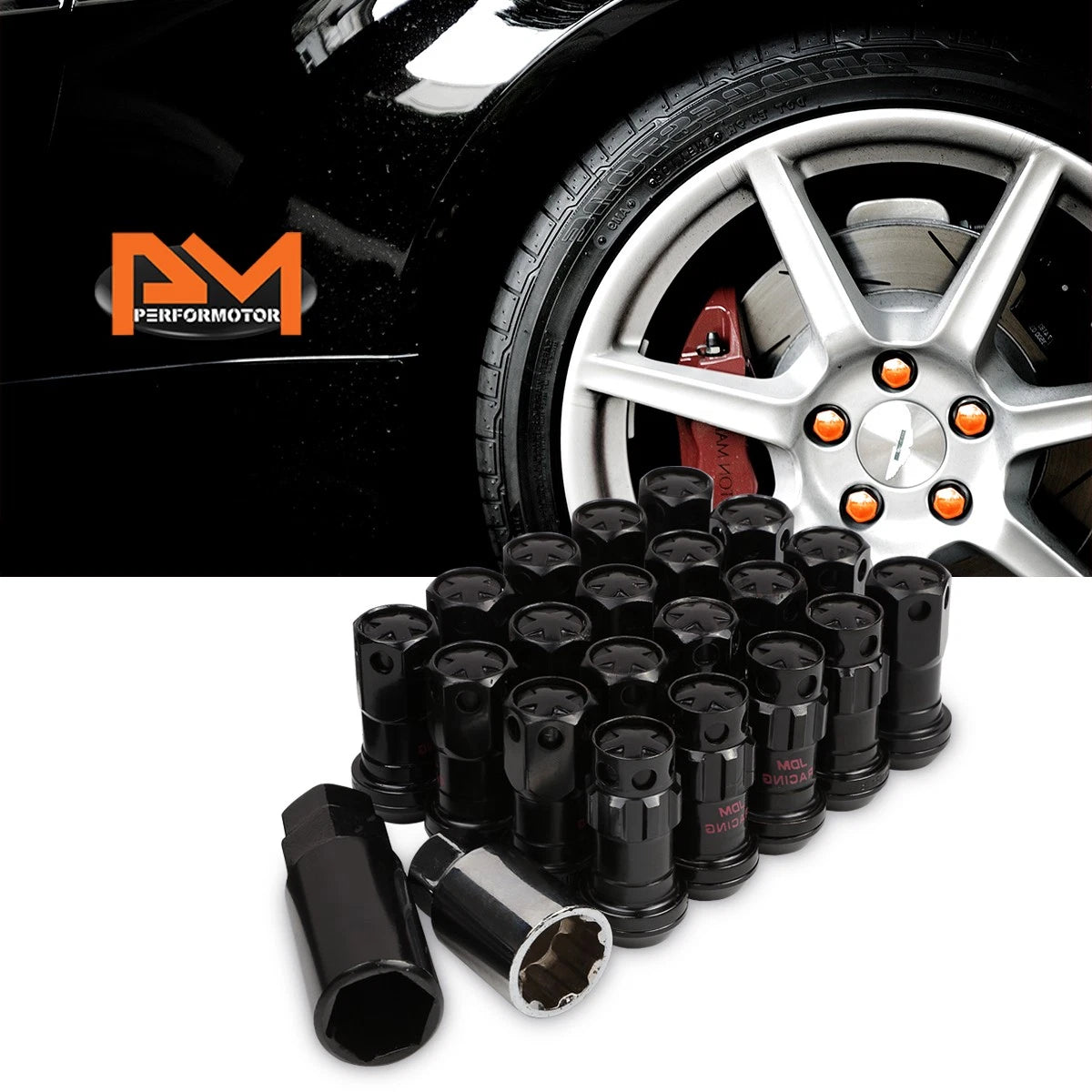 Set of 20 M12X1.5 Black JDM Closed End Lug Nuts with Spline Locks & Key