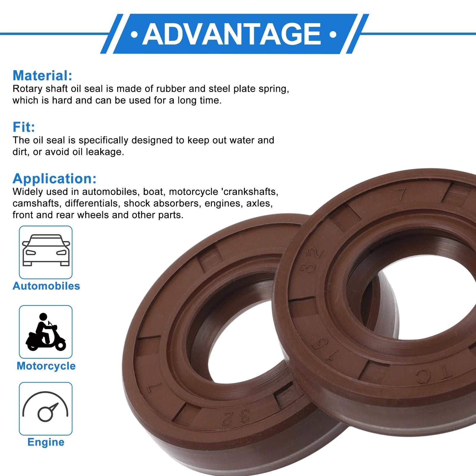 Set of 2 Oil Seal Rotary Shaft Seal FKM Rubber 15x32x7mm