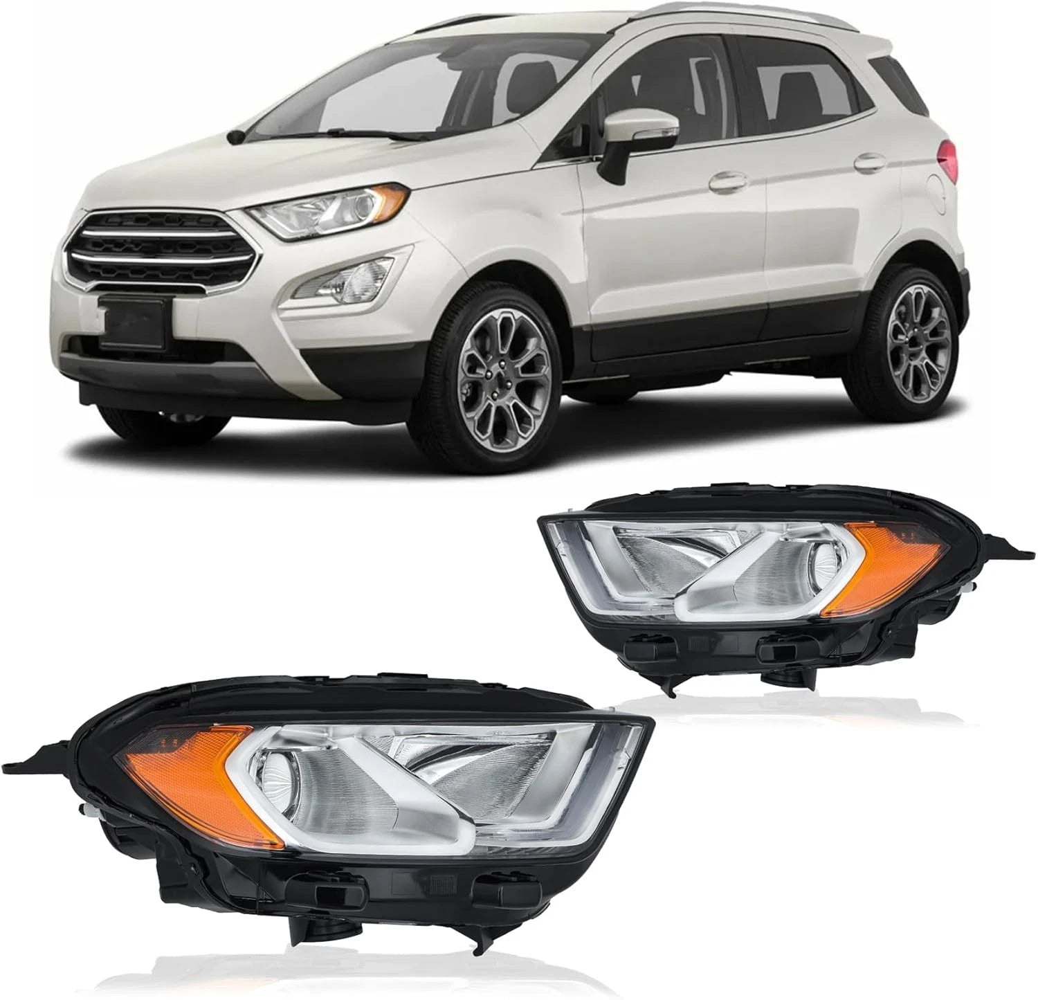 Set of 2 Headlight Chrome Halogen with LED DRL for Ford EcoSport (2018–2023)